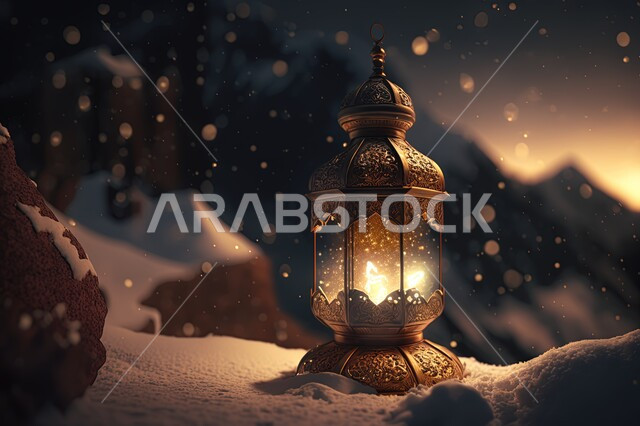 فانوس معدني مضيء على الثلوج البيضاء، القمم الجبلية، الجبال الثلجية، الجبال والمرتفعات، إضاءة وزينة شهر رمضان، مناظر طبيعية، مصباح مضيء