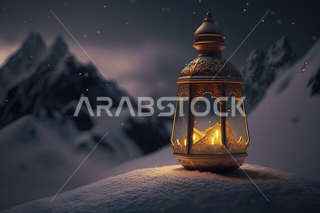 فانوس معدني مضيء على الثلوج البيضاء، إضاءة وزينة شهر رمضان، الجبال الثلجية، الجبال والمرتفعات، القمم الجبلية، مناظر طبيعية، مصباح مضيء