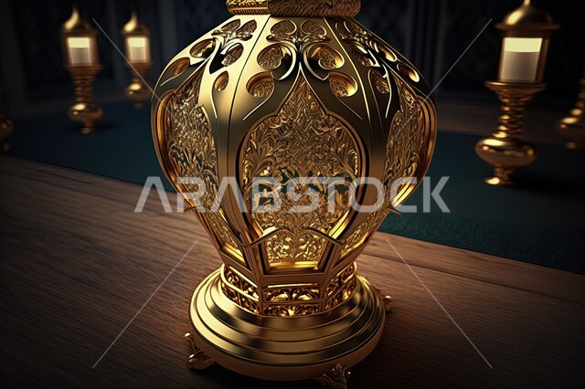 A traditional metal Arab lamp, Ramadan artifacts, lighting and decorations for the month of Ramadan, celebrating the advent of the month of Ramadan, decorations and lights, Ramadan atmosphere, Ramadan lantern