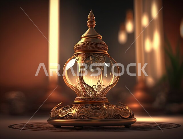 Ramadan lantern, a traditional metal Arab lamp, decorations and lights, Ramadan artifacts, lighting and decorations for the holy month of Ramadan, celebrating the advent of the blessed month of Ramadan, a Ramadan atmosphere, a luminous lamp