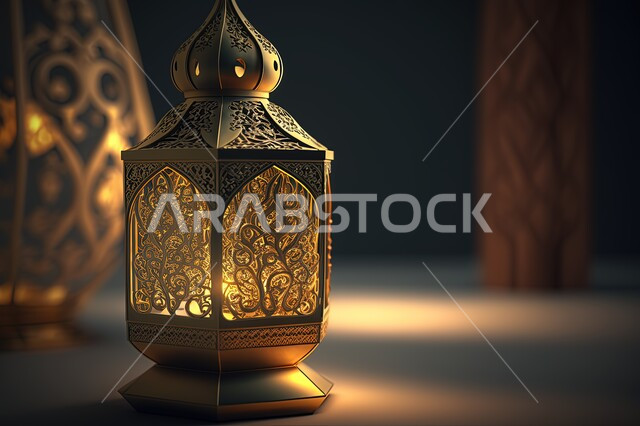Ramadan lantern, Ramadan artifacts, a traditional metal Arab lamp, lighting and decorations for the holy month of Ramadan, celebrating the advent of the blessed month of Ramadan, decorations and lights, Ramadan atmosphere, a luminous lamp