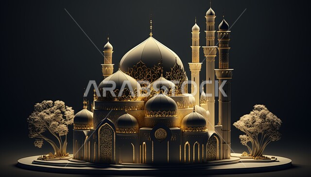 A three-dimensional model of a mosque with creative designs, three-dimensional artifacts, Islamic decorations, Islamic designs, Islamic figures, Ramadan decor, Ramadan background