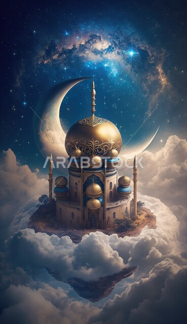 مسجد إسلامي بتصاميم ابداعية تصاميم اسلامية، هلال القمر، زخارف اسلامية، الغيوم والسحب البيضاء، خلفية إسلامية ثلاثية الأبعاد، مسجد ثري دي، ديكورات اسلامية، مناظر طبيعية، إسلاميات وعبادة 