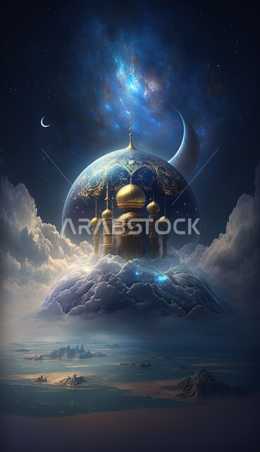 Islamic mosque with creative designs, 3D mosque, crescent moon, Islamic decorations, clouds and white clouds, 3D Islamic background, Islamic decorations, Islamic designs, landscapes, Islamic and worship