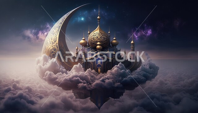 مسجد إسلامي بتصاميم ابداعية، خلفية إسلامية ثلاثية الأبعاد، هلال القمر، زخارف اسلامية، الغيوم والسحب البيضاء، مسجد ثري دي، ديكورات اسلامية، تصاميم اسلامية، مناظر طبيعية، إسلاميات وعبادة 