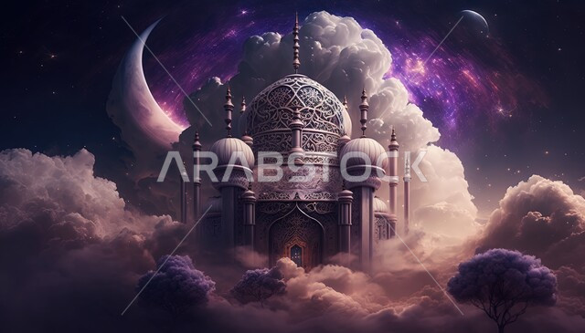Islamic mosque with creative designs, clouds and white clouds, crescent moon, Islamic decorations, 3D Islamic background, 3D mosque, Islamic decorations, Islamic designs, landscapes, Islamic and worship