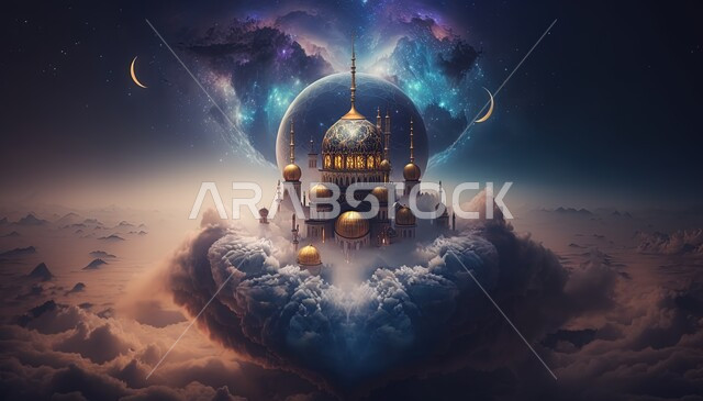 Islamic mosque with creative designs, 3D mosque, Islamic decorations, clouds and white clouds, 3D Islamic background, Islamic decorations, Islamic designs, landscapes, Islamic and worship