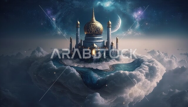 Islamic mosque with creative designs, white clouds and clouds, Islamic decorations, 3D Islamic background, 3D mosque, Islamic decorations, Islamic designs, landscapes, Islamic and worship