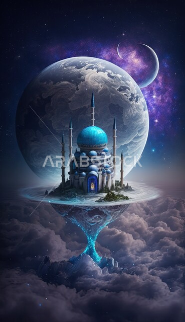 Islamic mosque with creative designs, Islamic decorations, clouds and white clouds, 3D Islamic background, 3D mosque, Islamic decorations, Islamic designs, landscapes, Islamic and worship