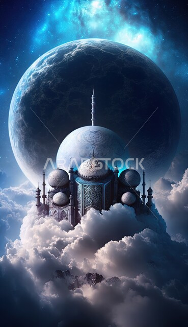 مسجد إسلامي بتصاميم ابداعية تصاميم اسلامية، مناظر طبيعية، زخارف اسلامية، الغيوم والسحب البيضاء، خلفية إسلامية ثلاثية الأبعاد، مسجد ثري دي، ديكورات اسلامية، إسلاميات وعبادة 