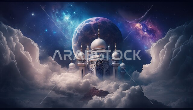 Islamic mosque with creative designs, 3D Islamic background, landscapes, Islamic motifs, clouds and white clouds, 3D mosque, Islamic decorations, Islamic designs, Islamic and worship