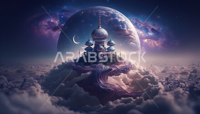 Islamic mosque with creative designs, white clouds and clouds, landscapes, Islamic decorations, 3D Islamic background, 3D mosque, Islamic decorations, Islamic designs, Islamic and worship