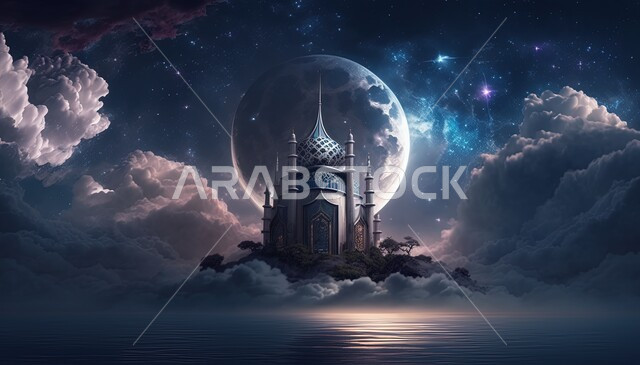 مسجد إسلامي بتصاميم ابداعية، مناظر طبيعية، زخارف اسلامية، الغيوم والسحب البيضاء، خلفية إسلامية ثلاثية الأبعاد، مسجد ثري دي، ديكورات اسلامية، تصاميم اسلامية، إسلاميات وعبادة 