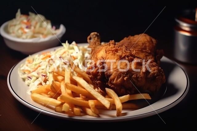 قطع من الدجاج المقلي المقرمش، دجاج بروستد الشهي، وجبات سريعة, مأكولات ومطاعم عربية, بطاطس مقلية