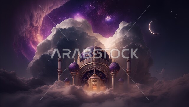 مسجد إسلامي بتصاميم ابداعية، زخارف اسلامية، ديكورات اسلامية، تصاميم اسلامية، مناظر طبيعية، السحب والغيوم البيضاء، خلفية إسلامية ثلاثية الأبعاد، مسجد ثري دي، إسلاميات وعبادة 