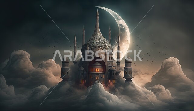 Islamic mosque with creative designs, Islamic decorations, Islamic decorations, Islamic designs, landscapes, clouds and white clouds, 3D Islamic background, 3D mosque, Islamic and worship