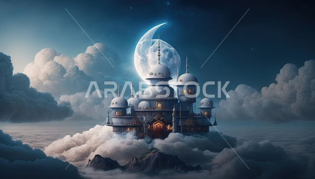 مسجد إسلامي بتصاميم ابداعية، زخارف اسلامية، ديكورات اسلامية، تصاميم اسلامية، مناظر طبيعية، السحب والغيوم البيضاء، خلفية إسلامية ثلاثية الأبعاد، مسجد ثري دي، إسلاميات وعبادة 