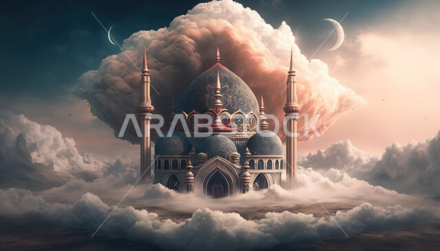 مسجد إسلامي بتصاميم ابداعية، زخارف اسلامية، ديكورات اسلامية، تصاميم اسلامية، مناظر طبيعية، السحب والغيوم البيضاء، خلفية إسلامية ثلاثية الأبعاد، مسجد ثري دي، إسلاميات وعبادة 