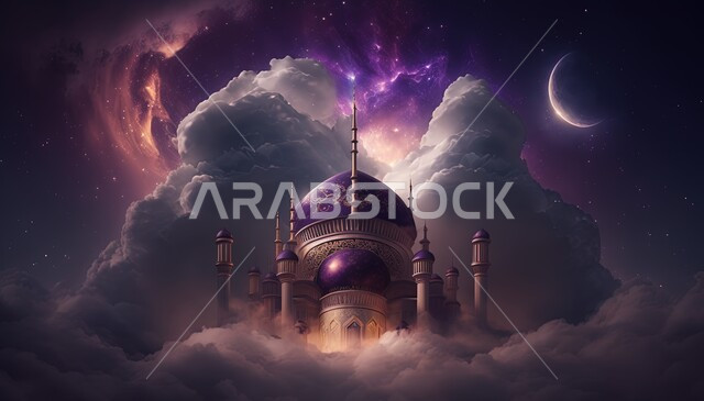 Islamic mosque with creative designs, landscapes, white clouds and clouds, 3D Islamic background, 3D mosque, Islamic decorations, Islamic decorations, Islamic designs, Islamic and worship