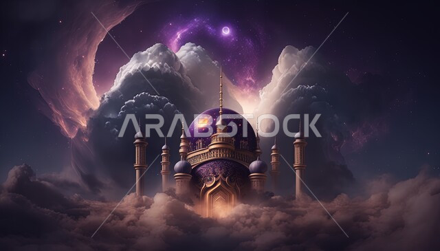 Islamic mosque with creative designs, landscapes, white clouds and clouds, 3D Islamic background, 3D mosque, Islamic decorations, Islamic decorations, Islamic designs, Islamic and worship