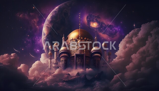 مسجد إسلامي بتصاميم ابداعية، ديكورات اسلامية، تصاميم اسلامية، مناظر طبيعية، زخارف اسلامية، السحب والغيوم البيضاء، خلفية إسلامية ثلاثية الأبعاد، مسجد ثري دي، إسلاميات وعبادة 
