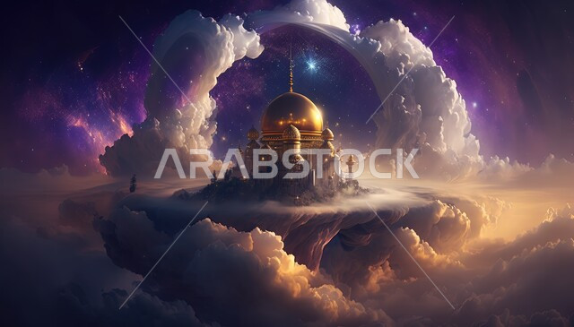 مسجد إسلامي بتصاميم ابداعية، ديكورات اسلامية، تصاميم اسلامية، مناظر طبيعية، زخارف اسلامية، السحب والغيوم البيضاء، خلفية إسلامية ثلاثية الأبعاد، مسجد ثري دي، إسلاميات وعبادة 