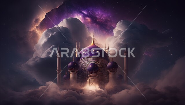 مسجد إسلامي بتصاميم ابداعية، ديكورات اسلامية، تصاميم اسلامية، مناظر طبيعية، زخارف اسلامية، السحب والغيوم البيضاء، خلفية إسلامية ثلاثية الأبعاد، مسجد ثري دي، إسلاميات وعبادة 
