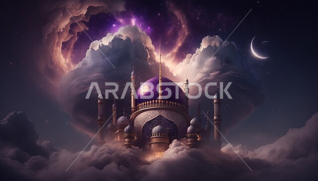 مسجد إسلامي بتصاميم ابداعية، ديكورات اسلامية، تصاميم اسلامية، مناظر طبيعية، زخارف اسلامية، السحب والغيوم البيضاء، خلفية إسلامية ثلاثية الأبعاد، مسجد ثري دي، إسلاميات وعبادة 