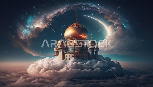 مسجد إسلامي بتصاميم ابداعية، مناظر طبيعية، زخارف اسلامية، السحب والغيوم البيضاء، خلفية إسلامية ثلاثية الأبعاد، مسجد ثري دي، ديكورات اسلامية، تصاميم اسلامية، إسلاميات وعبادة 