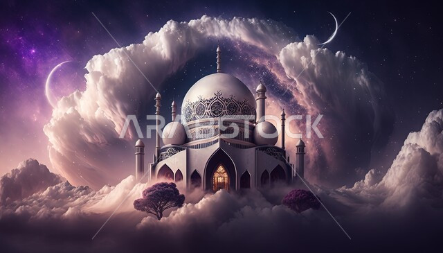 مسجد إسلامي بتصاميم ابداعية، مناظر طبيعية، زخارف اسلامية، السحب والغيوم البيضاء، خلفية إسلامية ثلاثية الأبعاد، مسجد ثري دي، ديكورات اسلامية، تصاميم اسلامية، إسلاميات وعبادة 