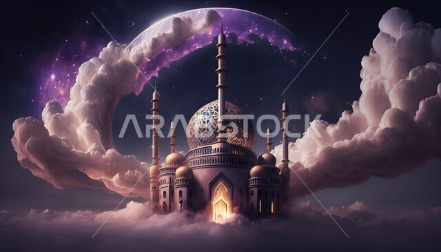 مسجد إسلامي بتصاميم ابداعية، مناظر طبيعية، زخارف اسلامية، السحب والغيوم البيضاء، خلفية إسلامية ثلاثية الأبعاد، مسجد ثري دي، ديكورات اسلامية، تصاميم اسلامية، إسلاميات وعبادة 