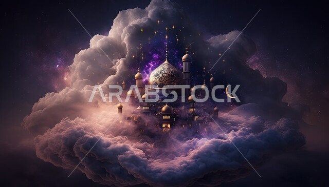 مسجد إسلامي بتصاميم ابداعية، مناظر طبيعية، زخارف اسلامية، السحب والغيوم البيضاء، خلفية إسلامية ثلاثية الأبعاد، مسجد ثري دي، ديكورات اسلامية، تصاميم اسلامية، إسلاميات وعبادة 