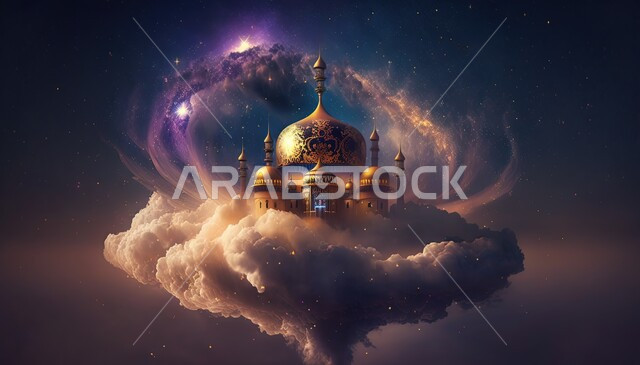 خلفية إسلامية ثلاثية الأبعاد، تصاميم اسلامية، ديكورات اسلامية، مسجد إسلامي بتصاميم ابداعية، مناظر طبيعية، زخارف اسلامية، السحب والغيوم البيضاء، مسجد ثري دي، إسلاميات وعبادة 