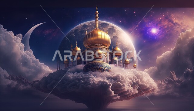 خلفية إسلامية ثلاثية الأبعاد، تصاميم اسلامية، ديكورات اسلامية، مسجد إسلامي بتصاميم ابداعية، مناظر طبيعية، زخارف اسلامية، السحب والغيوم البيضاء، مسجد ثري دي، إسلاميات وعبادة 