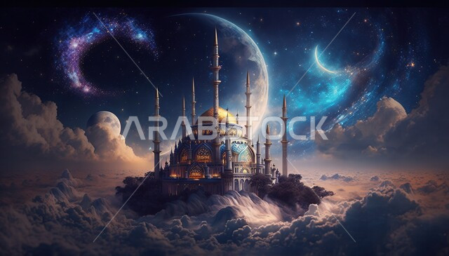 3D Islamic background, Islamic designs, Islamic mosque with creative designs, landscapes, Islamic motifs, clouds and white clouds, 3D mosque, Islamic decorations, Islamic and worship