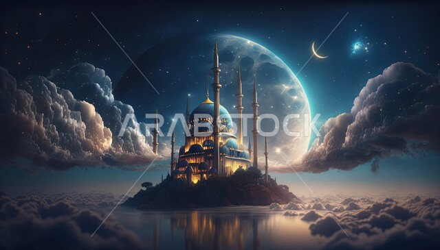 3D Islamic background, Islamic designs, Islamic mosque with creative designs, landscapes, Islamic motifs, clouds and white clouds, 3D mosque, Islamic decorations, Islamic and worship