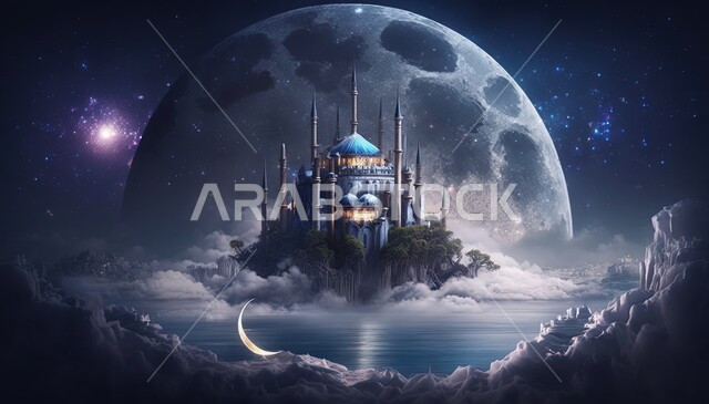 خلفية إسلامية ثلاثية الأبعاد، تصاميم اسلامية، مسجد إسلامي بتصاميم ابداعية، زخارف اسلامية، السحب والغيوم البيضاء، مسجد ثري دي، ديكورات اسلامية، إسلاميات وعبادة 