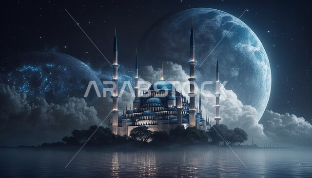 3D Islamic background, Islamic designs, Islamic mosque with creative designs, landscapes, Islamic motifs, clouds and white clouds, 3D mosque, Islamic decorations, Islamic and worship