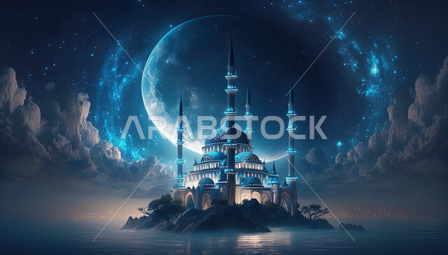 خلفية إسلامية ثلاثية الأبعاد، تصاميم اسلامية، مسجد إسلامي بتصاميم ابداعية، زخارف اسلامية، السحب والغيوم البيضاء، مسجد ثري دي، ديكورات اسلامية، إسلاميات وعبادة 