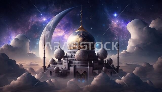 خلفية إسلامية ثلاثية الأبعاد، تصاميم اسلامية، مسجد ثري دي، مسجد إسلامي بتصاميم ابداعية، زخارف اسلامية، السحب والغيوم البيضاء، ديكورات اسلامية، إسلاميات وعبادة 