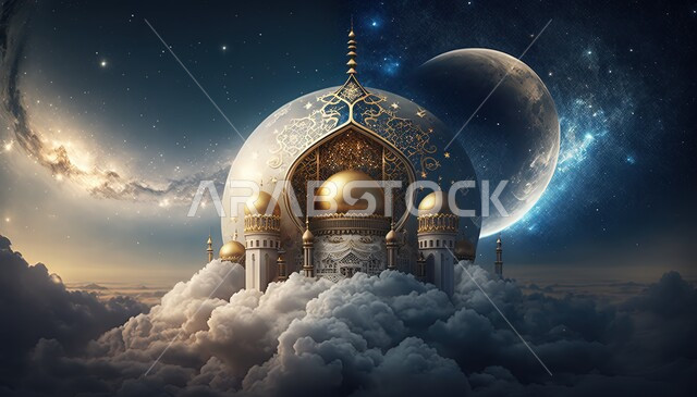 خلفية إسلامية ثلاثية الأبعاد، تصاميم اسلامية، مسجد ثري دي، مسجد إسلامي بتصاميم ابداعية، زخارف اسلامية، السحب والغيوم البيضاء، ديكورات اسلامية، إسلاميات وعبادة 