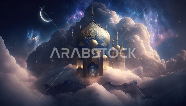خلفية إسلامية ثلاثية الأبعاد، تصاميم اسلامية، مسجد ثري دي، مسجد إسلامي بتصاميم ابداعية، زخارف اسلامية، السحب والغيوم البيضاء، ديكورات اسلامية، إسلاميات وعبادة 