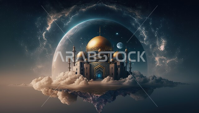 خلفية إسلامية ثلاثية الأبعاد، تصاميم اسلامية، مسجد ثري دي، مسجد إسلامي بتصاميم ابداعية، زخارف اسلامية، السحب والغيوم البيضاء، ديكورات اسلامية، إسلاميات وعبادة 