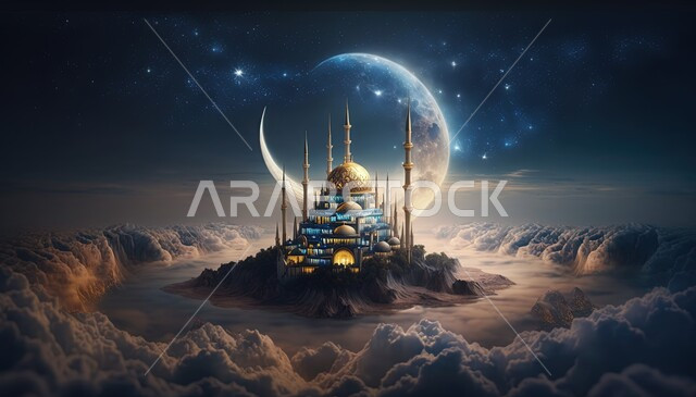 خلفية إسلامية ثلاثية الأبعاد، تصاميم اسلامية، مسجد ثري دي، مسجد إسلامي بتصاميم ابداعية، زخارف اسلامية، السحب والغيوم البيضاء، ديكورات اسلامية، إسلاميات وعبادة 