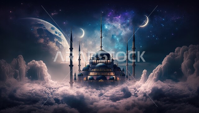 3D Islamic background, Islamic designs, white clouds and clouds, an Islamic mosque with creative designs, Islamic decorations, 3D mosque, Islamic decorations, Islamic and worship