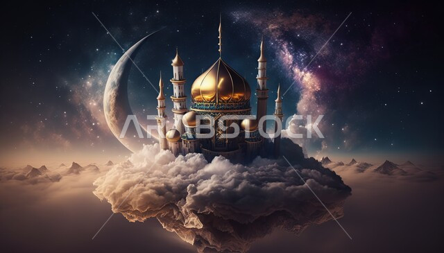 خلفية إسلامية ثلاثية الأبعاد، تصاميم اسلامية، السحب والغيوم البيضاء، مسجد إسلامي بتصاميم ابداعية، زخارف اسلامية، مسجد ثري دي، ديكورات اسلامية، إسلاميات وعبادة 