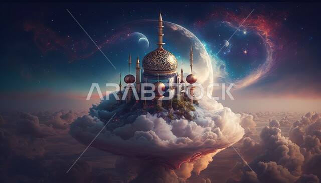 3D Islamic background, Islamic designs, white clouds and clouds, an Islamic mosque with creative designs, Islamic decorations, 3D mosque, Islamic decorations, Islamic and worship