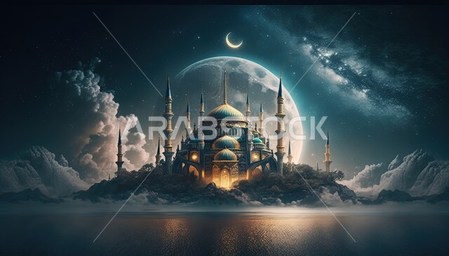 3D Islamic background, Islam and worship, Islamic designs, Islamic mosque with creative designs, Islamic motifs, clouds and white clouds, 3D mosque, Islamic decorations