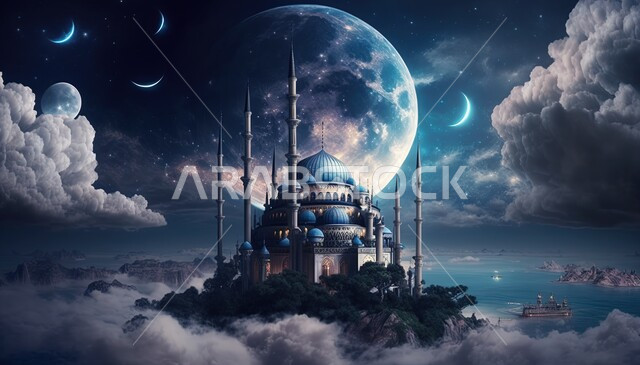 3D Islamic background, moonlight, sky full of shining stars, Islamic designs, Islamic mosque with creative designs, Islamic motifs, clouds and white clouds, 3D mosque, Islamic decorations and worship