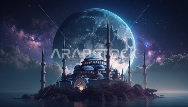 خلفية إسلامية ثلاثية الأبعاد، ضوء القمر، السماء المليئة بالنجوم اللامعة، تصاميم اسلامية، مسجد إسلامي بتصاميم ابداعية، زخارف اسلامية، السحب والغيوم البيضاء، مسجد ثري دي، ديكورات اسلاميةإسلاميات وعبادة 